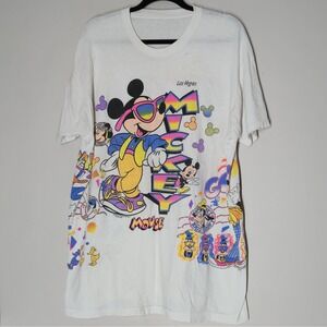 VTG 90s Mickey Mouse Minnie Goofy Donald Colorful Groovy AOP All Over T-Shirt XL